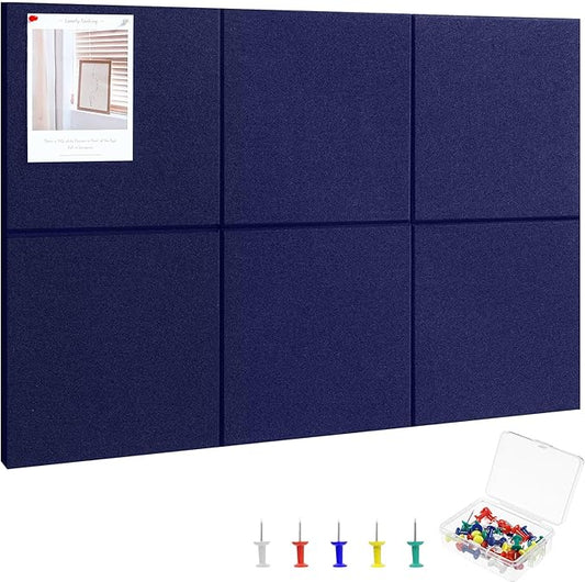 Large Cork Board 36" x 24", 6 Pack Felt Wall Tiles with Colored Pushpins, Bulletin Board with Removable Self-Adhesive Strips, Pin Board Cork Boards for Walls Office Home-Dark Blue-DeskLoop Office