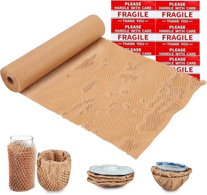 Honeycomb Packing Paper, 15"x230' Honeycomb Cushioning Bubble Wrap Paper Roll for Moving Shipping Breakables Packaging Gifts with 20 Fragile Sticker Biodegradable & Fully Recyclable Brown Kraft-DeskLoop Office