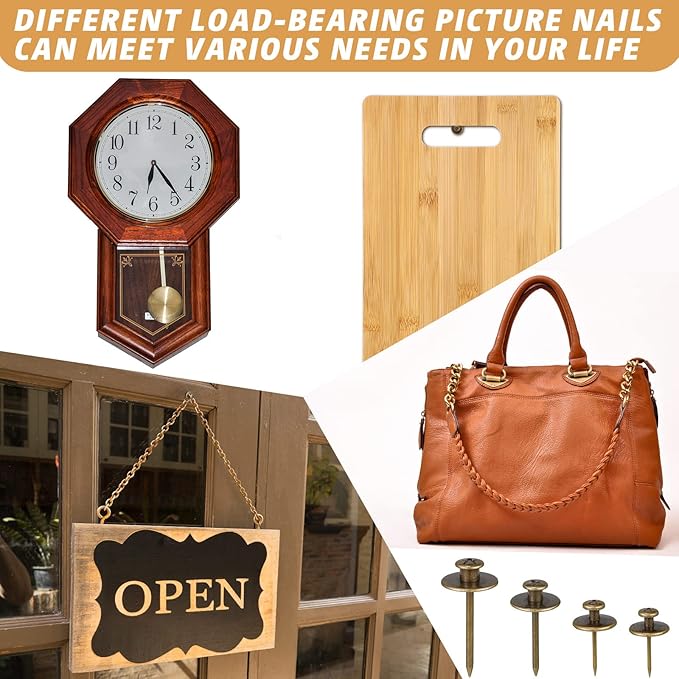 Zhengmy 40 Pcs Double Headed Picture Hangers Nails 4 Size Long Thumb Tacks Wall Nails for Hanging Pictures Decorative Push Pins Hooks for Drywall Photo Office Home Decor, 20/30/ 40/ 50lb(Bronze)-DeskLoop Office