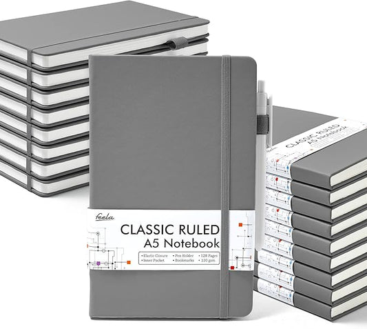 feela 18 Pack Journal Notebook for Work, Business Notebook Bulk Hardcover Lined Writing Journal with Pen Holder for Men Women Note Taking, with 18 Black Pens, 120 GSM, 5.1”x8.3”, A5, Gray-DeskLoop Office