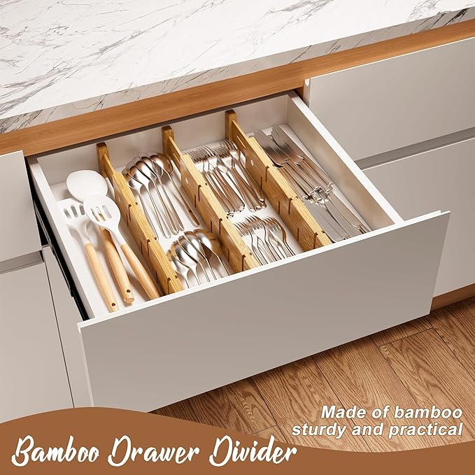 Bamboo Drawer Dividers with Inserts kitchen drawer organizer Adjustable Expandable 8 Pack Organizer Set for Kitchen Bedroom Bathroom Office 8 Dividers with 16 Inserts (Natural, Large (18-22.5IN))-DeskLoop Office