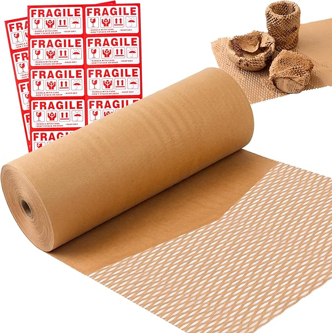 Honeycomb Packing Paper 15" Width X 200 FT for Moving Glass Dishes Recyclable Wrapping Paper Bubble Wrap Packing Material for Shipping Fragile Items Shipping Filler with 20 Fragile Stickers-DeskLoop Office