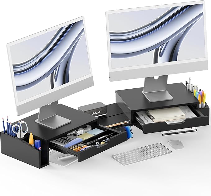 Simple Houseware Desk Dual Monitor Stand Riser with Pull-Out Drawers, Black-DeskLoop Office
