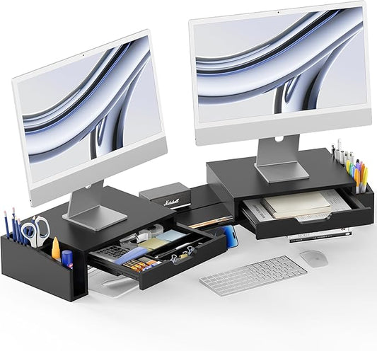 Simple Houseware Desk Dual Monitor Stand Riser with Pull-Out Drawers, Black-DeskLoop Office