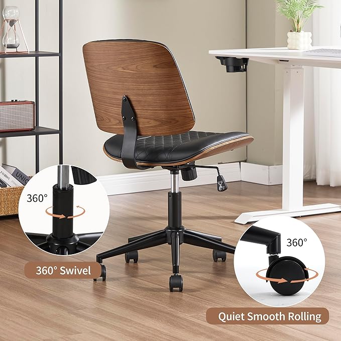 Small Home Office Chair - Armless Mid Back Desk Chair with 360° Swivel and Wheels, PU Upholstered Height Adjustable Modern Walnut Computer Chair for Home, Office Meeting Room - Black-DeskLoop Office