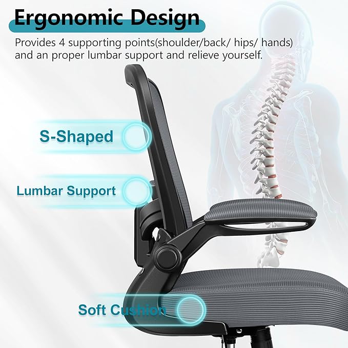 FelixKing Office Chair, Ergonomic Desk Chair Breathable Mesh Chairs with Adjustable High Back Lumbar Support Flip-up Armrests, Executive Swivel Comfy Task Computer Chairs for Home Office Dark Gray-DeskLoop Office