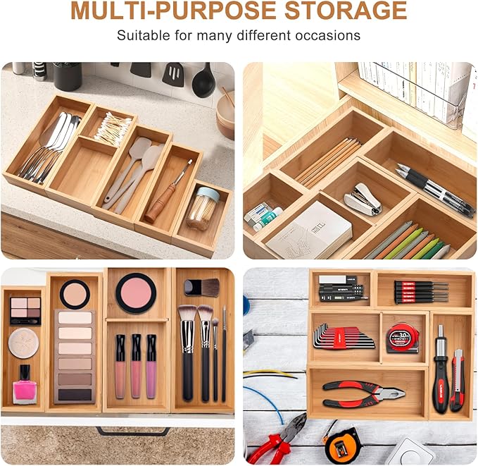 Bamboo Drawer Organizer 5 Pcs for Kitchen Multi-purpose Storage Dividers for Kitchen, Office, Jewelry, Cosmetics, Wooden Drawer Dividers for Drawer Organizer Desk Organizer Gift for Women Gifts Idea-DeskLoop Office