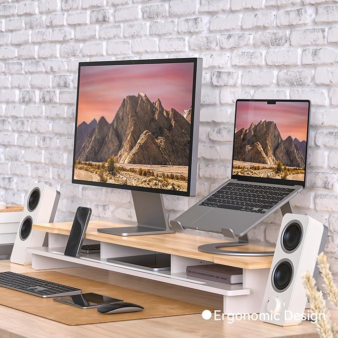 Monitor Stand Dual Monitor Stand Riser for Desk,Wood Desk Shelf Storage Organizer with Phone Tablet Holder (42.5 Inch, White & Natural Bamboo)-DeskLoop Office