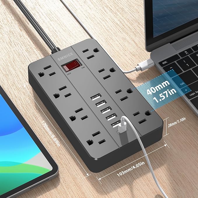 10 Ft Extension Cord Surge Protector, SMNICE 8 Widely Spaced Outlets and 6 USB (1 USB C) Charging Ports Flat Plug Power Strip, Desktop Power Cord for Travel Home Office Accessories Black-DeskLoop Office