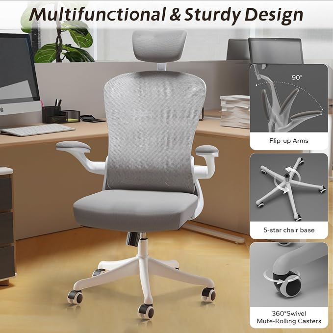 Ergonomic Office Chair with Adjustable Lumbar Support & Flip-Up Armrests - High Back Computer Desk Chair with Thickened Seat Cushion, Rolling Wheels for Home/Office Study Work-DeskLoop Office