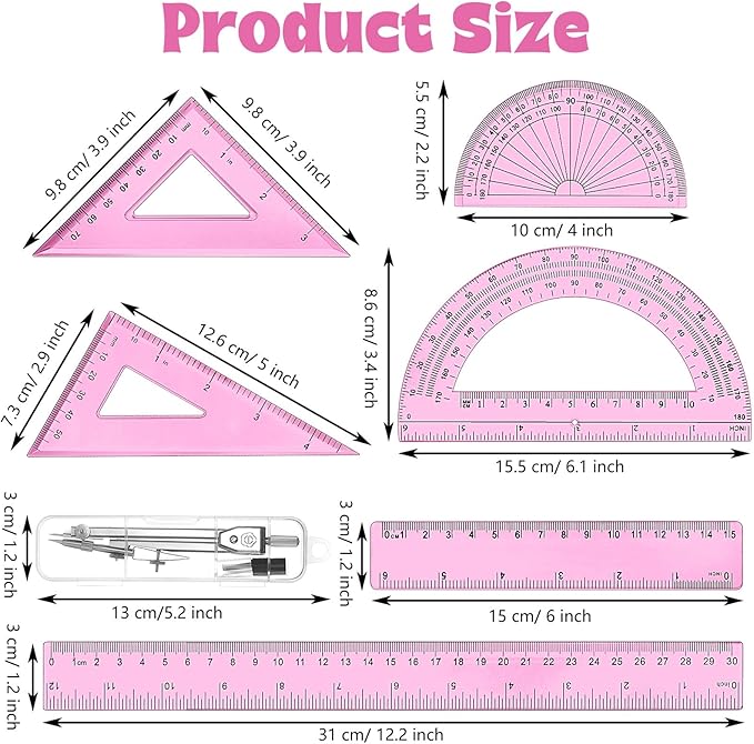 Zonon 1 Set Plastic Geometry Math Set Includes Drawing Compass, 6 Inch 4 Inch Protractor, 45/60 Degree Triangle Rulers 12 Inch 6 Inch Math Ruler Transparent for Office Supplies (Pink)-DeskLoop Office