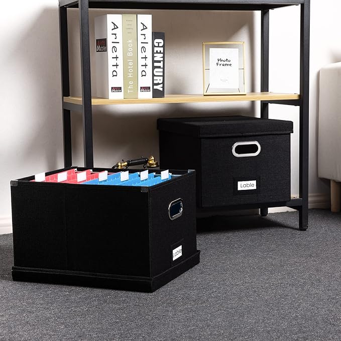 PRANDOM File Organizer Box - Set of 2 Collapsible Decorative Linen Filing Storage Hanging File Folders with Lids Office Cabinet Letter/Legal Size Black (17x14x11.2 inch)-DeskLoop Office