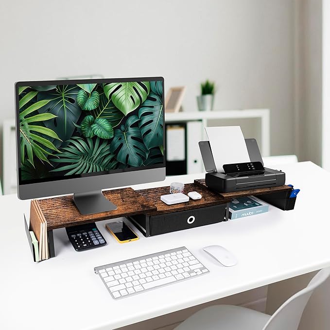 Dual Monitor Stand Riser With Drawer, Office Desk Organizers And Accessories, Computer Monitor Riser For 2 Monitors For Desk, Monitor Shelf With Adjustable Length & Angle-DeskLoop Office