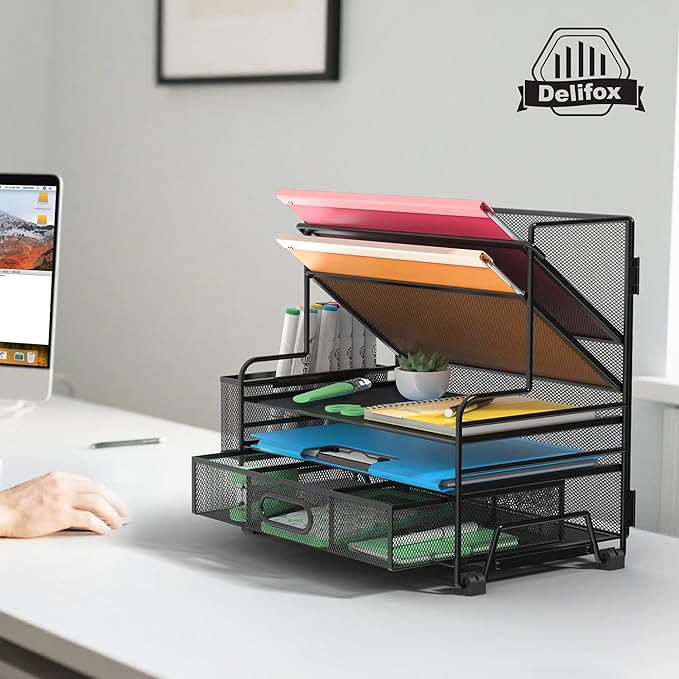 5 Tier Desk Organizer with Drawer & Pen Holders, Desk File Organizer Letter Tray Paper Organizer, Black-DeskLoop Office