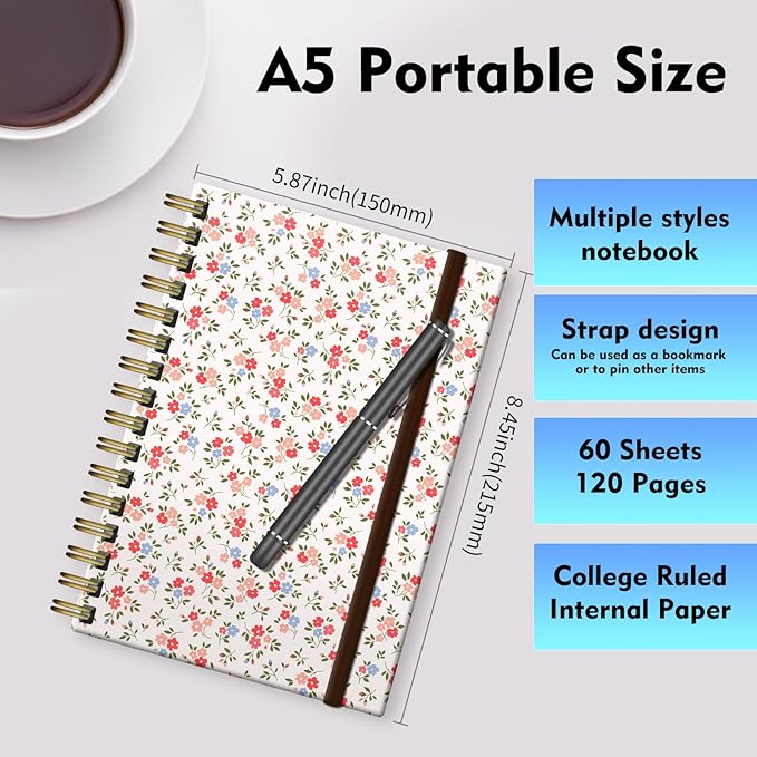Spiral Journal Notebook, A5 Cute Notebooks for Women Men, College Ruled Hardcover Notebook for Work & Note Taking, 60 Pages Double-Wire Journals for Writing, White Pink Flowers-DeskLoop Office