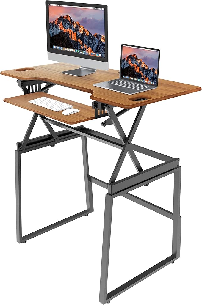 Rocelco 46" Large Height Adjustable Standing Desk BUNDLE - Quick Sit Stand Up Dual Monitor Riser - Gas Spring Assist Computer Workstation - Retractable Keyboard Tray - Teak wood Grain (R DADRT-46-FS2)-DeskLoop Office