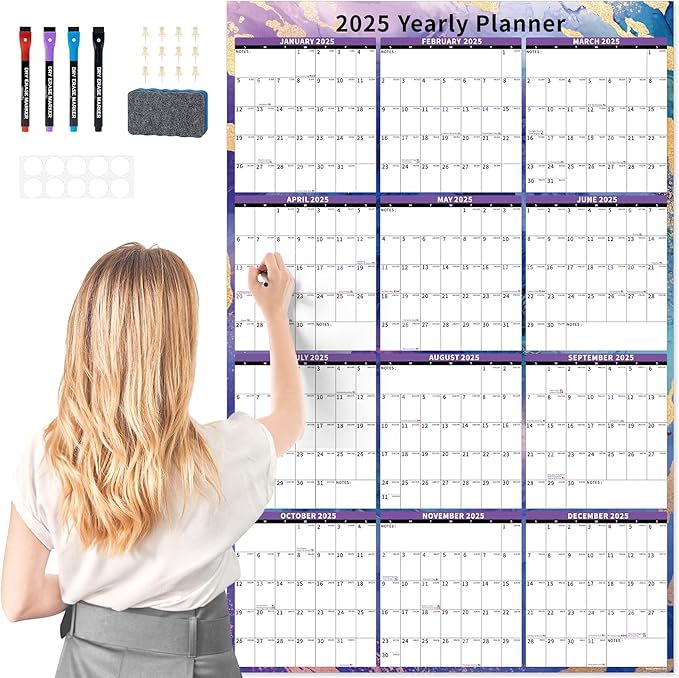 Ospelelf Large Dry Erase Calendar for Wall - 32'' x 48'' Vertical Calendar Laminated Yearly Family Calendar for Office, Use Jan 2025 - Dec 2026 (Marble)-DeskLoop Office
