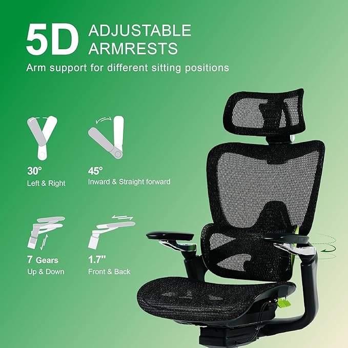 Ergonomic Office Chair, Mesh Home Office Desk Chair with Adaptive Lumbar Support, Gaming Chair with Headrest, 5D Armrest,90-130°Tilt, BIFMA Certified, Model Zen (Green)-DeskLoop Office