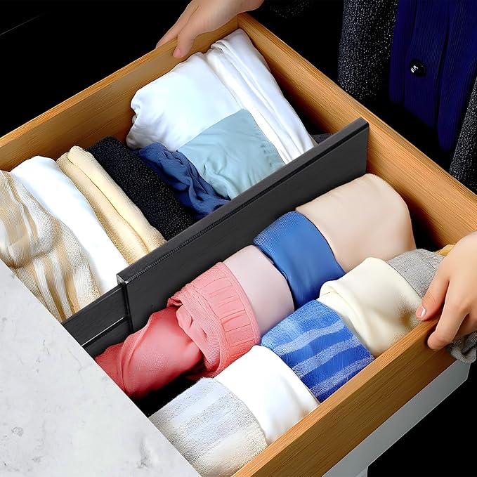 Utoplike Bamboo Dresser Drawer Dividers, 4'' High Adjustable Drawer Organizers for Clothing, Spring Loaded, Works in Kitchen, Bathroom, Bedroom, Drawer, Desk, 4 PCS, Black-DeskLoop Office