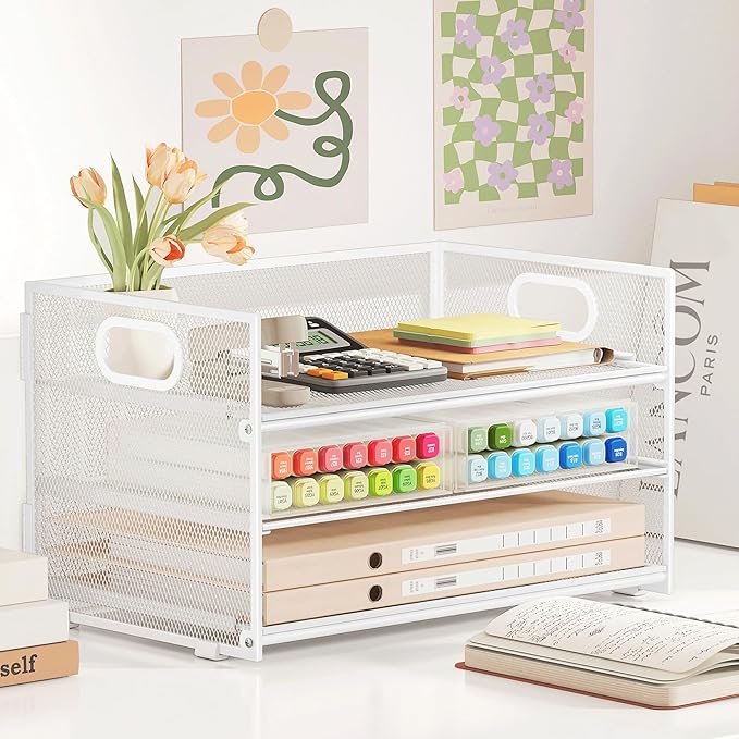 Subekyu 3 Tier Letter Tray Paper Organizer with Handle, 1 PC Sliding Tray, White Metal Mesh Desk File Folder Paper Sorter Organizer for Home Office School Desk Supplies Organization Storage-DeskLoop Office