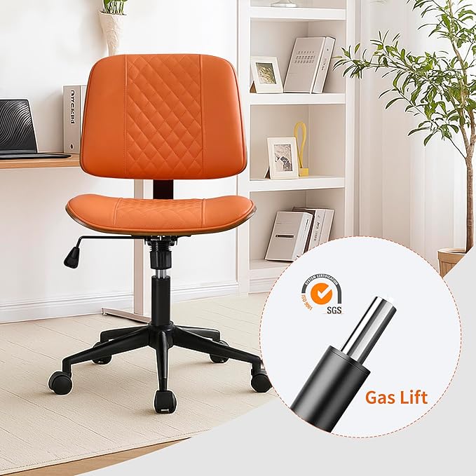 Armless Orange Home Office Chair – Mid-Back PU Leather, Adjustable Height Desk Chair with Swivel Wheels, Walnut Frame for Small Space Study or Bedroom-DeskLoop Office