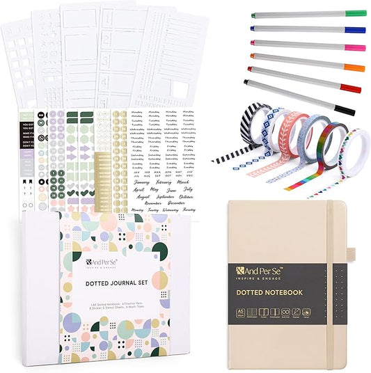 &And Per Se Dotted Journal Notebook Set, A5 Hardcover Dotted Journal (Light Apricot), 6 Fineliner Pens, 8 Sticker, 5 Stencil Sheets & 6 Washi Tapes, Journaling Supplies for Planner Schedule-DeskLoop Office