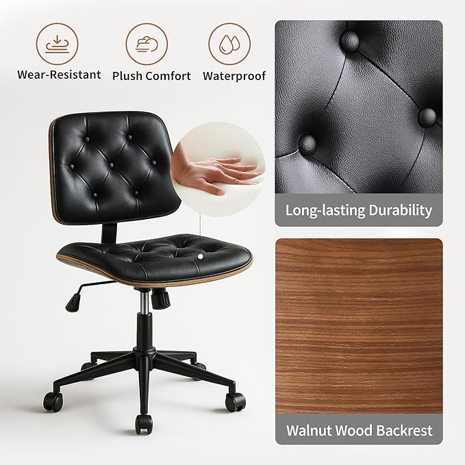 Small Home Office Chair – Armless Mid-Back Desk Chair with PU Leather, Adjustable Height, Swivel Wheels, Modern Walnut Legs for Small Spaces, Black-DeskLoop Office