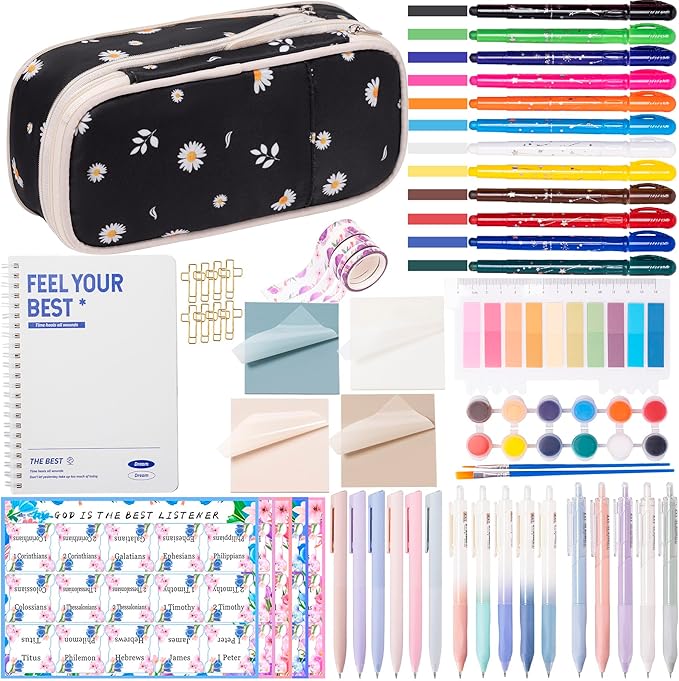 TuErCao Bible Study Supplies Kit - Black Daisies Aesthetic Pencil Pouch Bag, 75 Durable Tabs, 12 Smooth Crayon Highlighters, 16 Gel Pens, Notebook, Notes -Bible Journaling Study Tools-DeskLoop Office