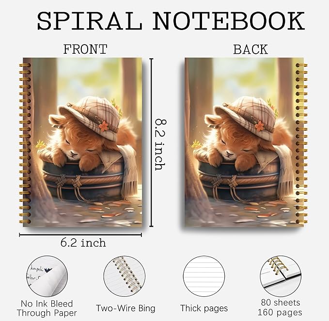 Cute Highland Cow Notebook - Western Cow Notebook, Highland Cow Office Supplies, Highland Cow Gifts, Cow Lover Gifts, Cute Cow Stuff, Funny Sleeping Highland Cow Spiral Notebook 5.5x8.3-DeskLoop Office