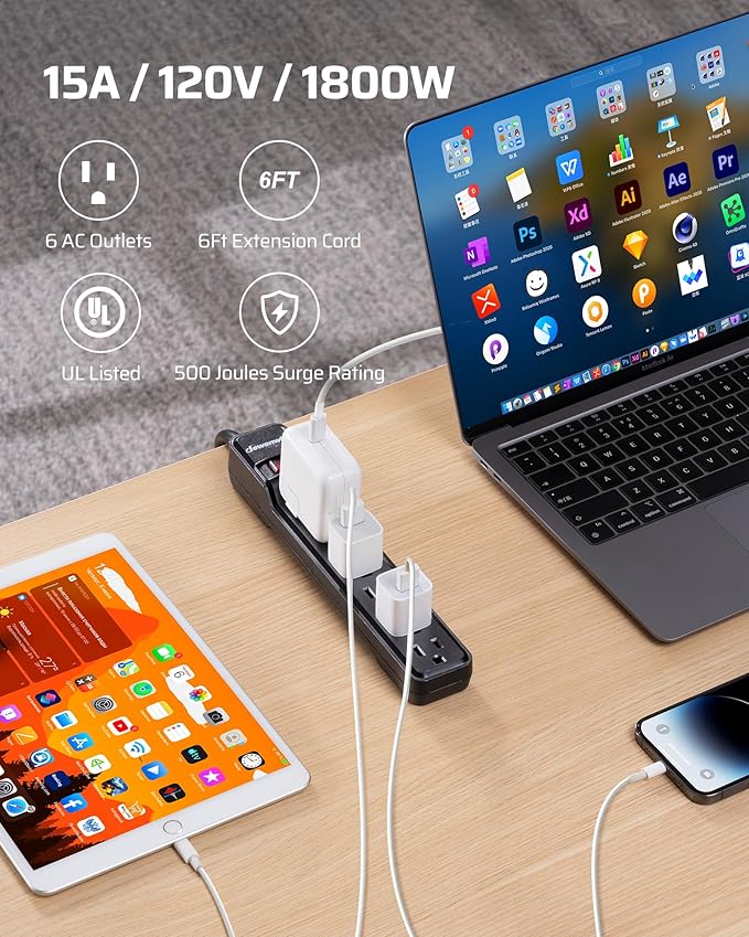 DEWENWILS 15 Foot Long Power Strip, 6-Outlet Power Strip 15FT, 15 Amp Circuit Breaker, Low Profile Flat Plug, Surge Protector for Office, Living Room, Bedroom, 4 Pack, Wall Mount, Black-DeskLoop Office