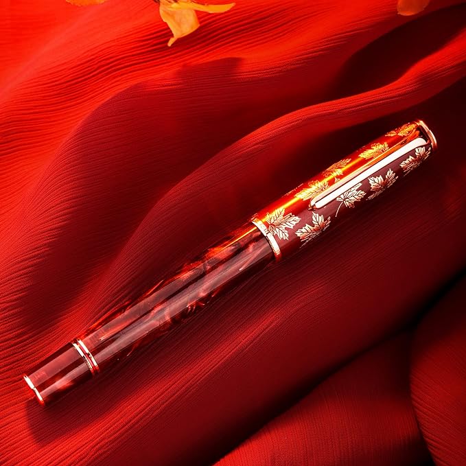 Hongdian N8 Fountan Pen, Iridium Fine Nib, Rose Gold Trim Maple Leaf Carving Cap Red Acrylic Resin, Smooth Writing Pen with Converter and Metal Pen Box Set-DeskLoop Office