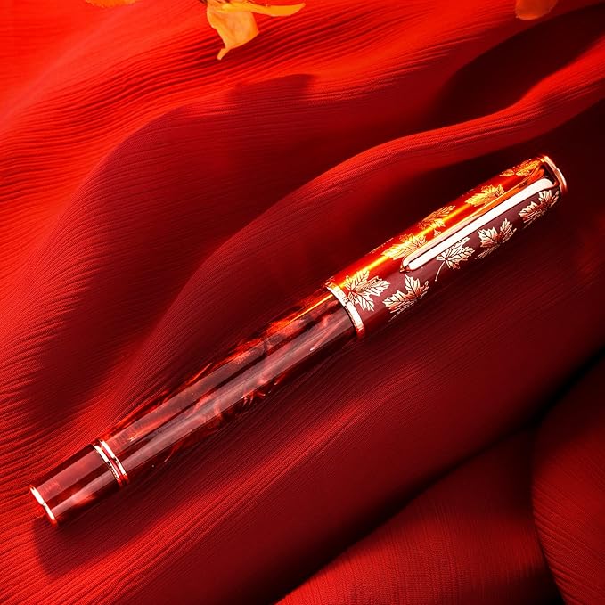 Hongdian N8 Red Acrylic Resin Fountain Pen, Iridium Extra Fine Nib Rose Gold Trim Maple Leaf Carving Cap, Smooth Writing Pen with Converter and Metal Pen Box Set-DeskLoop Office