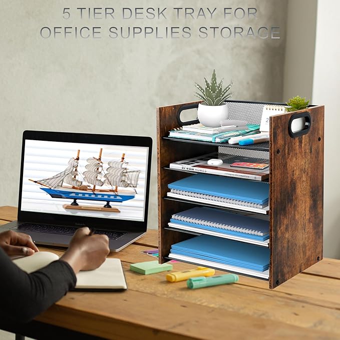 Wood Desk Organizer - 5-Tier Desktop File Organizer, Wooden Paper Tray, Office Desk Organzier and Accessories for Papers, Mail, Notebooks, Stationery-DeskLoop Office
