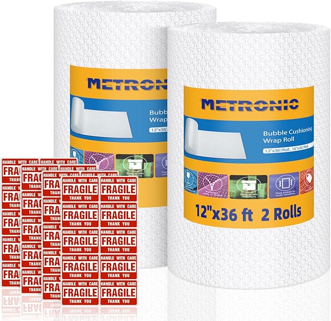 Metronic Bubble Cushioning Wrap 2 Pack 12 Inch x 72ft Total, Dense Bubble Packing Air Wrap Clear Bubble Packing Roll for Shipping and Moving Supplies, Perforated Every 12"-DeskLoop Office