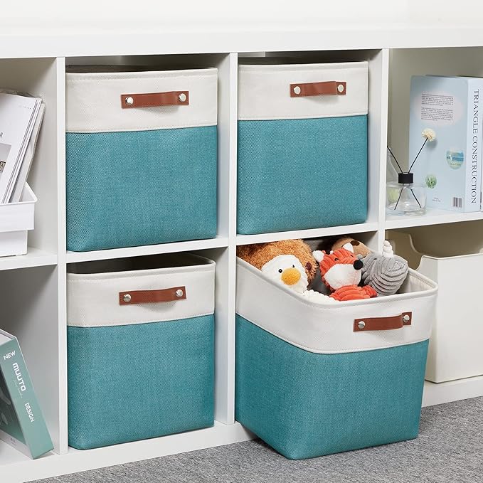 DULLEMELO Square Storage Cubes Baskets for Gifts Empty, 12 inch Cube Stroage Bins Linen Closet Organizers and Storage Baskets for Toy Nursery Shelves Bedroom Storage(4 Pack - 12" White&Teal)-DeskLoop Office