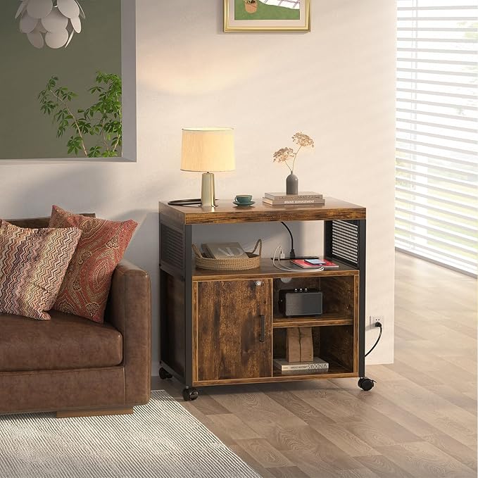 Unikito Lateral File Cabinet, Locking Office Filing Cabinets with Socket and USB Charging Port, Modern Rolling Printer Stand with Storage for A4, Letter Size and File Folders, Rustic Brown-DeskLoop Office