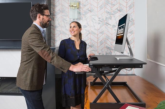 Rocelco 40" Height Adjustable Standing Desk Converter with AC Outlet and USB Charger - Gas Spring Sit Stand Up Dual Monitor Tabletop Riser Workstation - Large Keyboard Tray - Black (R DADRB-40-ACUSB)-DeskLoop Office