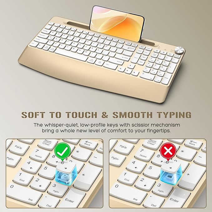 Ergonomic Wireless Keyboard and Mouse with Wrist Rest,Phone Holder - 2.4GHz Full-Sized Low-Profile Quiet Gold Wireless Mouse and Keyboard Combo for Computer, Laptop, PC, Mac-Gold-DeskLoop Office