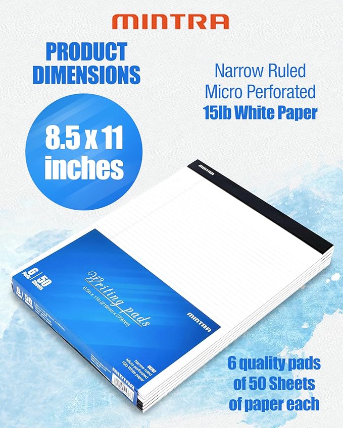 Mintra Office Legal Pads - ((BASIC WHITE 6pk, 8.5in x 11in, NARROW RULED))