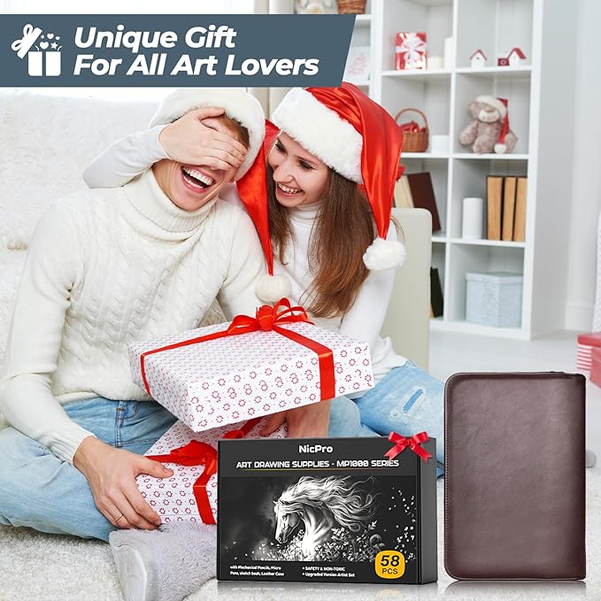 Nicpro 58PCS Art Drawing Supplies Kit in Leather Case, MP1000 Black Metal Mechanical Pencil Set with Drafting Pencil 0.5, 0.7, 0.9 & 2mm, 12 Micron Pen, Sketch Book, 30 Tube Lead Refills for Sketching-DeskLoop Office