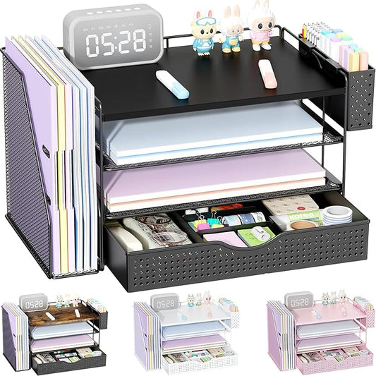 Wood Desk Organizers and Accessories with File Holder, 4-Tier Desk Accessories & Workspace Organizers with Drawer and Pen Holder, Paper Organizer for Office Supplies (Black)-DeskLoop Office