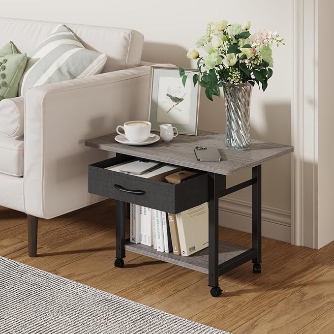 22"x15" Large Printer Stand with Storage Drawer, 2-Tier Under Desk Printer Table for Home Office, Printer Cart fit Fax Machine/3D Printer/Scanner(Gray)-DeskLoop Office