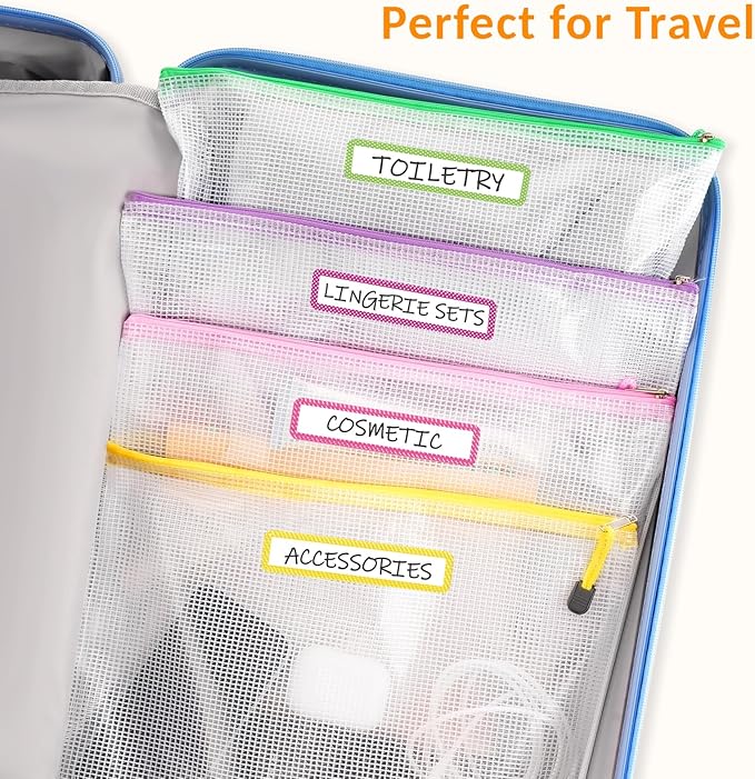 Sooez 36 Pack Mesh Zipper Pouch with Sticky Labels, A4 Size Mesh Bags for Board Game & Puzzles Organizing Storage, Durable Letter Size File Bags for Office Classroom Organization, 12 Assorted Colors