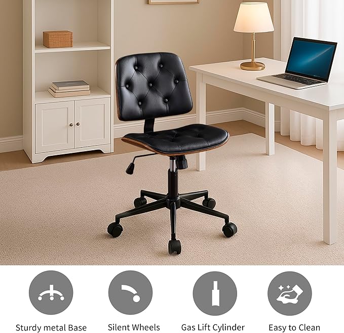 Small Home Office Chair – Armless Mid-Back Desk Chair with PU Leather, Adjustable Height, Swivel Wheels, Modern Walnut Legs for Small Spaces, Black-DeskLoop Office