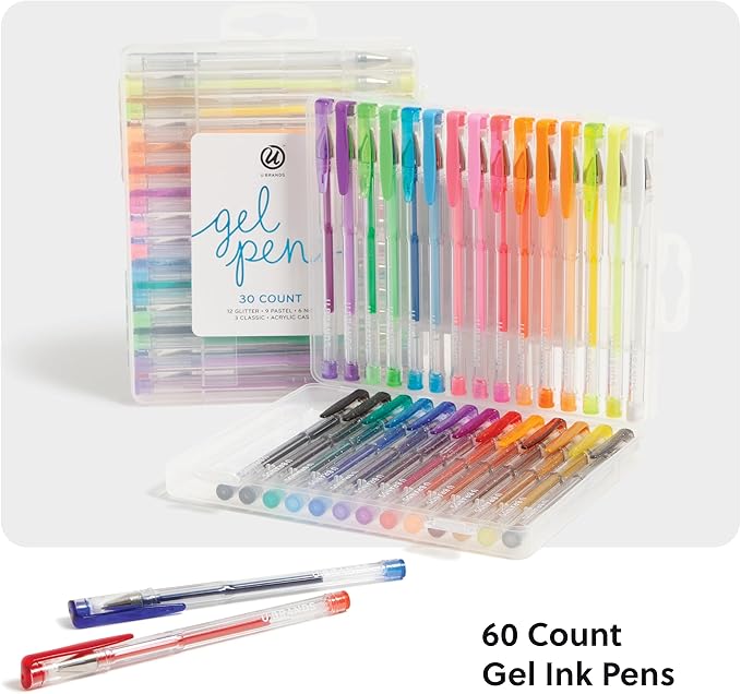 U Brands Metallic Gel Pens, Set of 60, Assorted Point Sizes, Glitter, Pastel, Neon and Classic Assorted Colors-DeskLoop Office