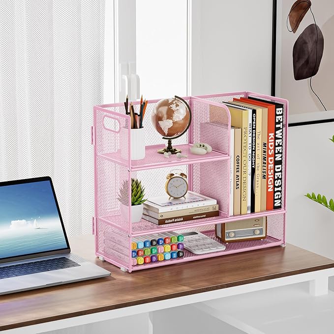 Marbrasse 3-Tier Desk Shelf Organizer with Handle, Desktop Bookshelf File Holder, Mesh Display Shelf Organizer Storage Rack for Office, Home, Supplies, Kitchen (Pink)-DeskLoop Office