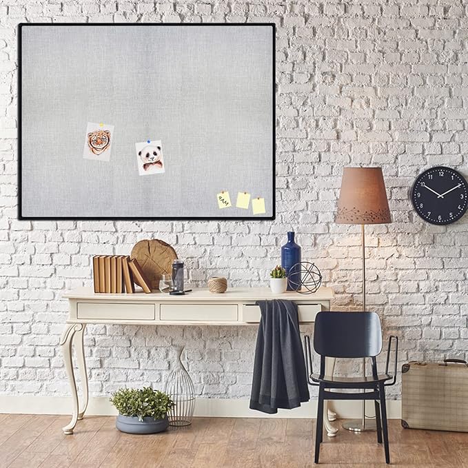 JILoffice Cork Linen Bulletin Board 48 X 36 Inch (Grey), Black Aluminum Frame Wall Mounted Board Memo Pin Board for Office Home and School-DeskLoop Office