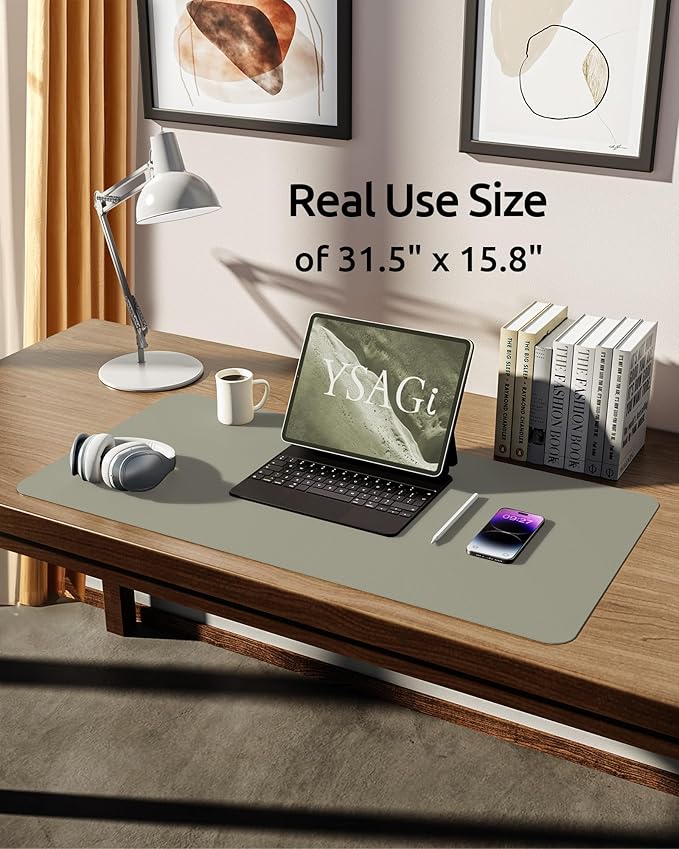 YSAGi Leather Desk Protector, Office Mat, Large Mouse Mat, Non-Slip PU Leather Blotter, Laptop Desk, Waterproof Writing Pad for Office and Home (Sage Green, 31.5" x 15.8")-DeskLoop Office