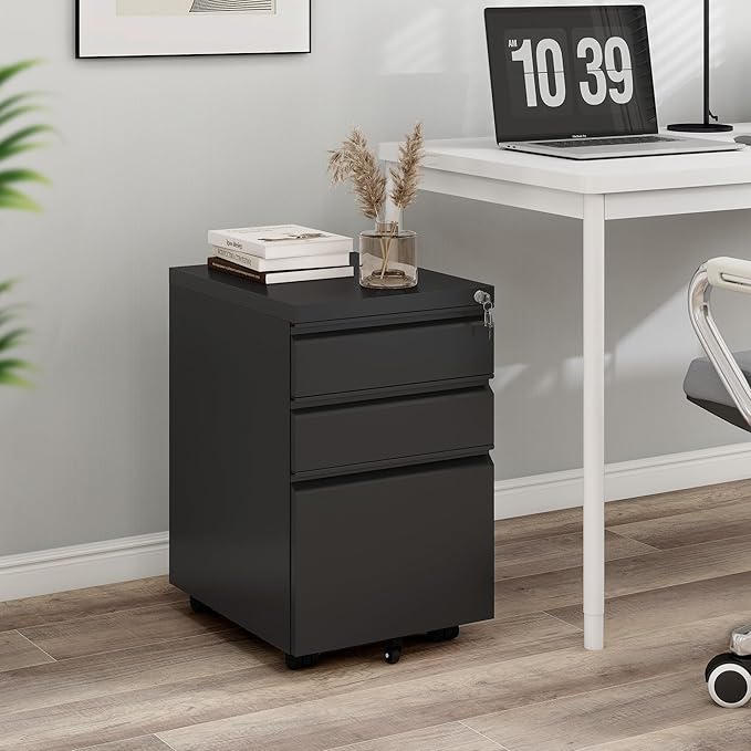 YITAHOME 3 Drawer File Cabinet with Lock, 20” Deep Office Vertical Files, Mobile Metal Filing Cabinet, Metal Vertical Filing Storage Cabinet for Letters/Legal/A4 Size,Black-DeskLoop Office