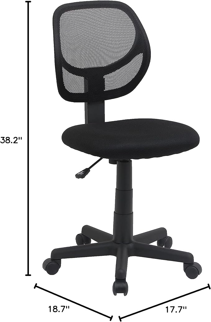 Amazon Basics Rolling Desk Chair, Adjustable, Low Back, Padded Seat, Breathable Mesh, Swivel, Black, 21.25" D x 22.5" W x 38" H-DeskLoop Office